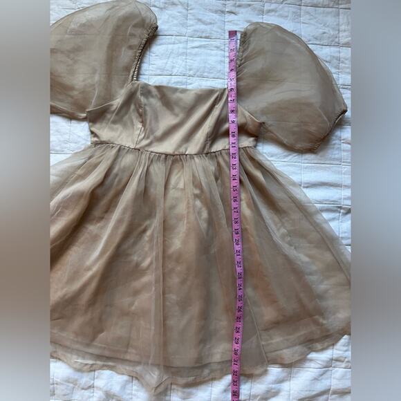 TCEC Tan / Champaign Chiffon Babydoll Mini Dress Ethereal Cottagecore Fairy -Med - Picture 7 of 10